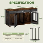 NARTRU 72.4 Large Double Dog Crate Kennel Furniture with Divider and 2 Drawers for 2 Medium or Large Dogs Indoor, Brown+Black