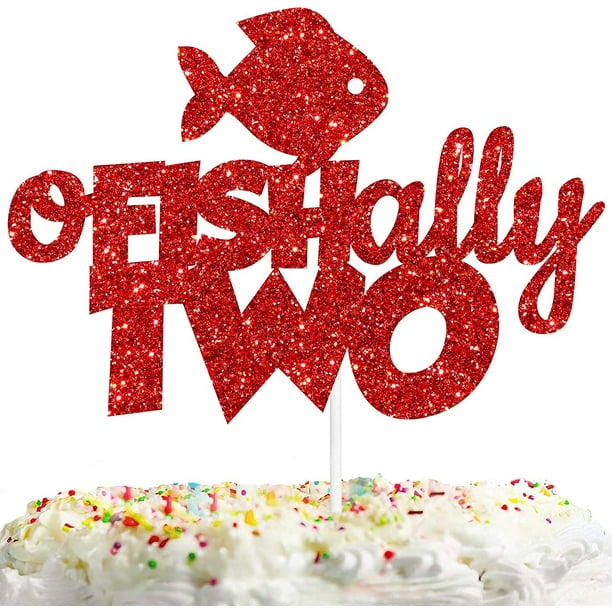 O fish ally Two Cake Topper Black Glitter Fish 2 Years Old Theme Decoration  Baby Shower Boys Girls Happy Birthday Party Decor Supplies - - 