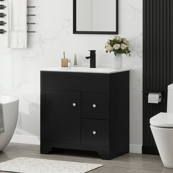 FULLWATT 30" Bathroom Vanity with Sink Combo, Single Sink Bathroom Vanity with 2 Drawers and 1 Soft Close Doors, Freestanding Bathroom Vanity with Ceramic Sink, Black