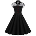 thumbnail image 6 of QUYUON Black Cocktail Dresses for Women Evening Party Knee Length Dress Floral Lace Mesh Lapel Neck Short Sleeve Shirt Dress Tie Knot Button Front Pleated A-Line Swing Dress Style D-1518 Dark Blue XL, 6 of 9