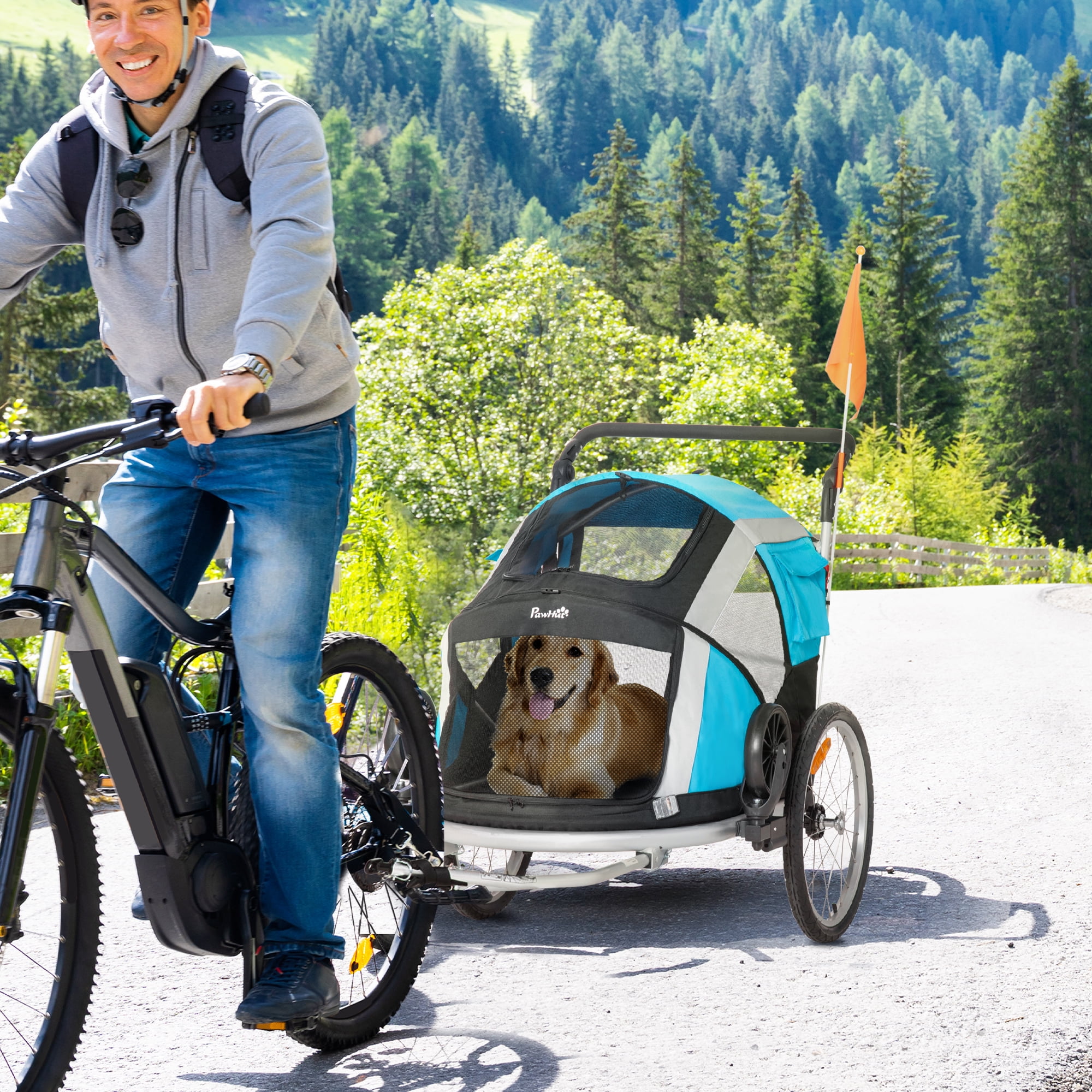 Aosom 2-in-1 Pet Bike Trailer, Dog Stroller, Foldable Carrier with Wheels  for Puppies, Cats, Camping, Hiking, Biking, Blue