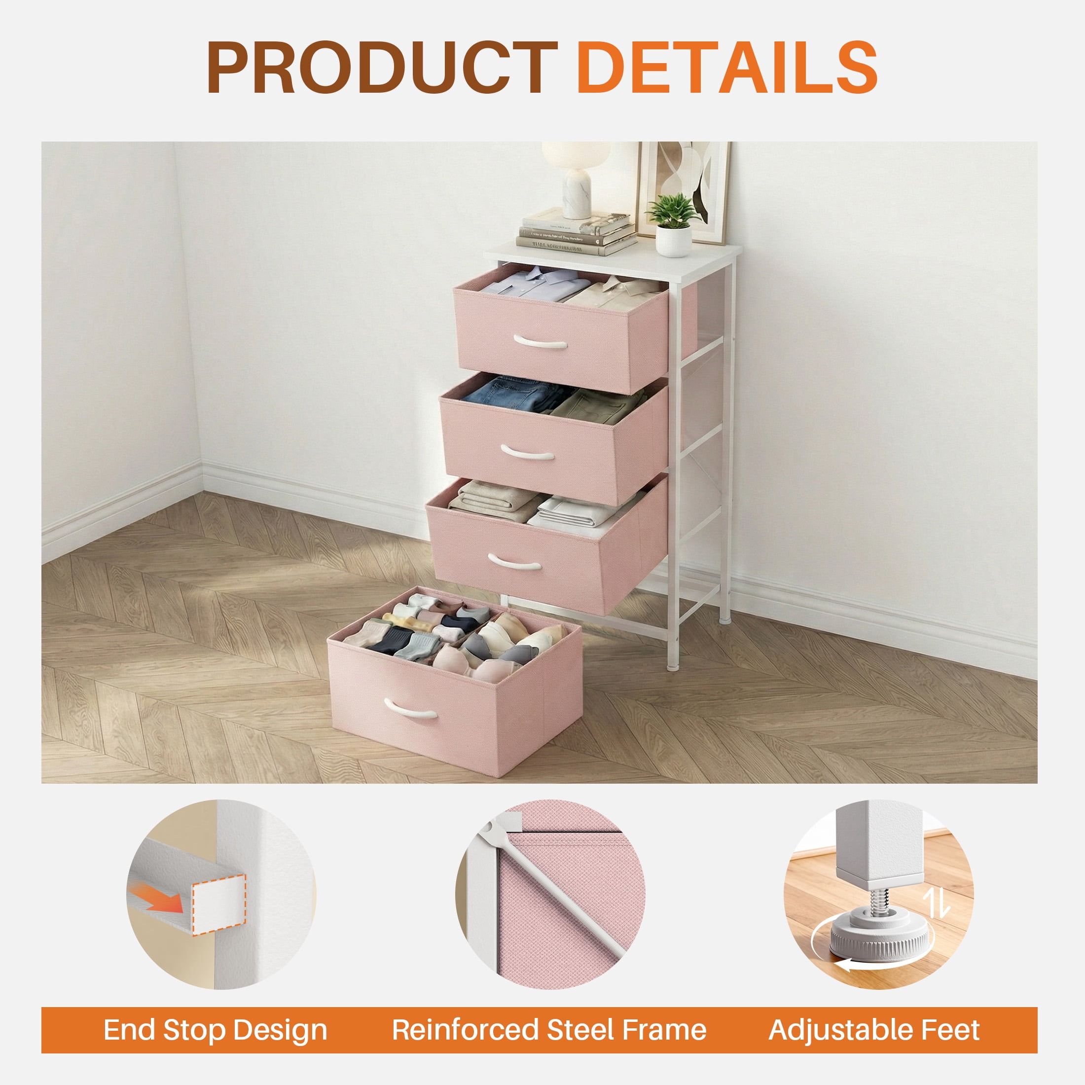 CONCETTA 4-Drawer Fabric Dresser Storage Chest for Bedroom, Closet, Storage Furniture for Adults, Pink