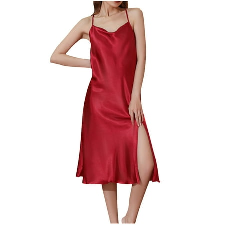 fheaev Nightgowns For Women Soft Ice Silk Sleepshirt V Neck Sleeveless Suspenders Pajama Dress Thin Style Tank Dress Loose Sleepwear Lingerie Dress Home Dress Summer Nightgowns For Women
