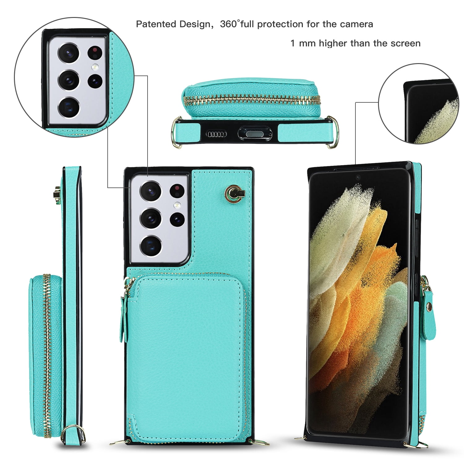 TECH CIRCLE For Galaxy S9 Wallet Case,Card Holder Phone Case for Women, Zipper PU Leather Purse Kickstand Folio Flip Case with Crossbody Strap for Samsung Galaxy S9 5.8" 2018,Mint