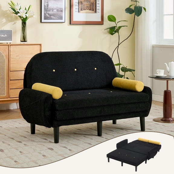 Modern 55 Inch Corduroy Sofa Bed, 3-in-1 Convertible Sofa Bed with Adjustable Backrest, Small Folding Loveseat for Living Room, Bedroom, Office, RV (Black)
