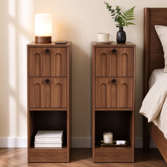 GODPAW Narrow Nightstand Set of 2, Small Bedside Table, Walnut