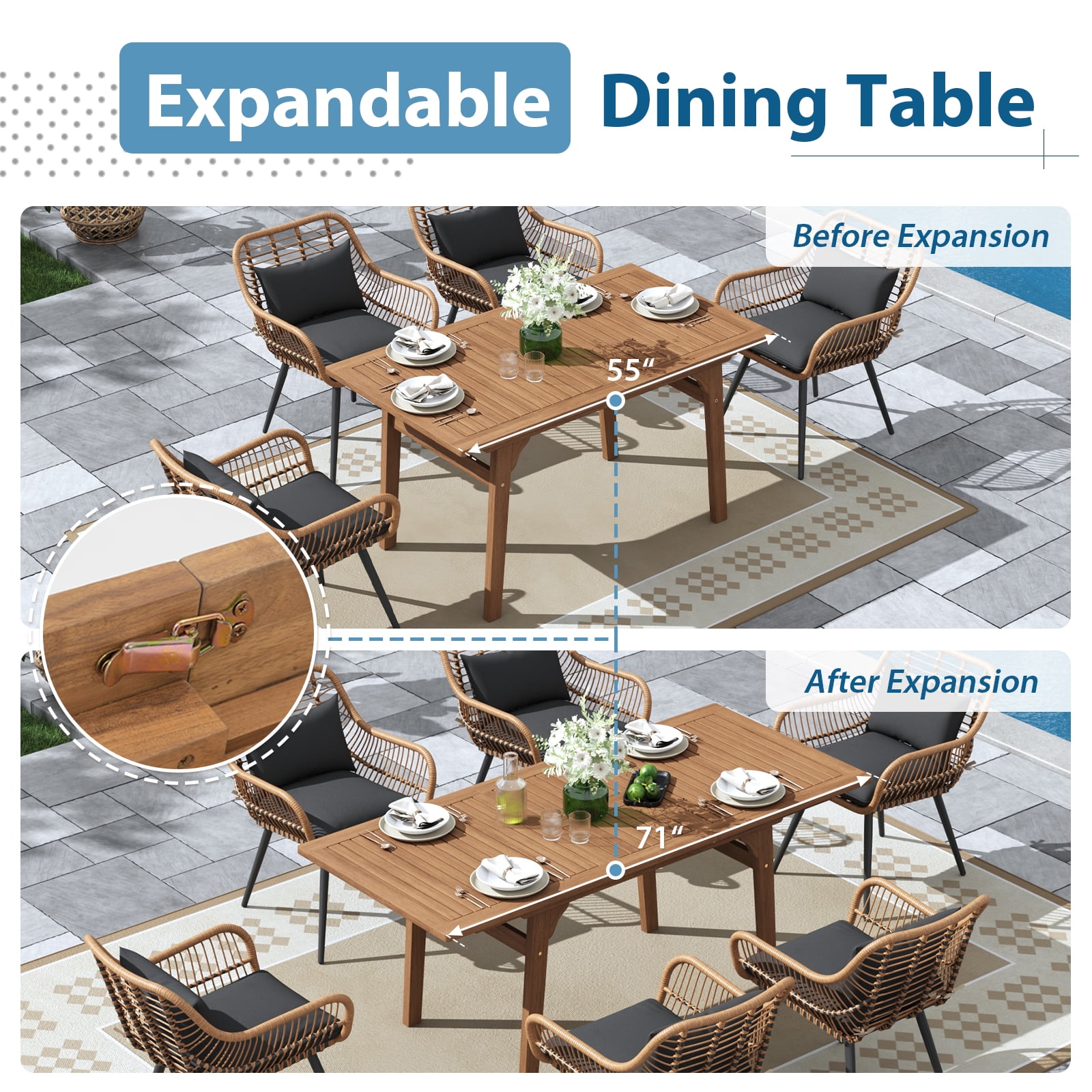 Outdoor Dining Set for 6, Extendable Wooden Table with Wicker Patio Chairs, 7-Piece Patio Outdoor Furniture Set for Deck, Garden, Backyard, Black