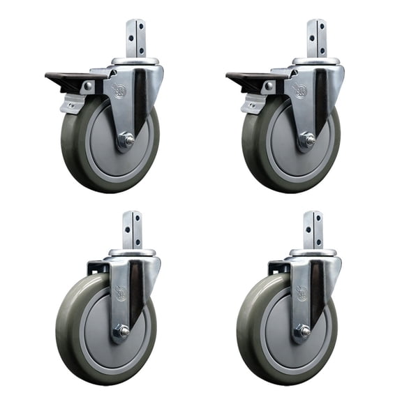 5 Inch Gray Polyurethane Wheel Swivel 3/4 Inch Square Stem Caster Set 2 Brakes