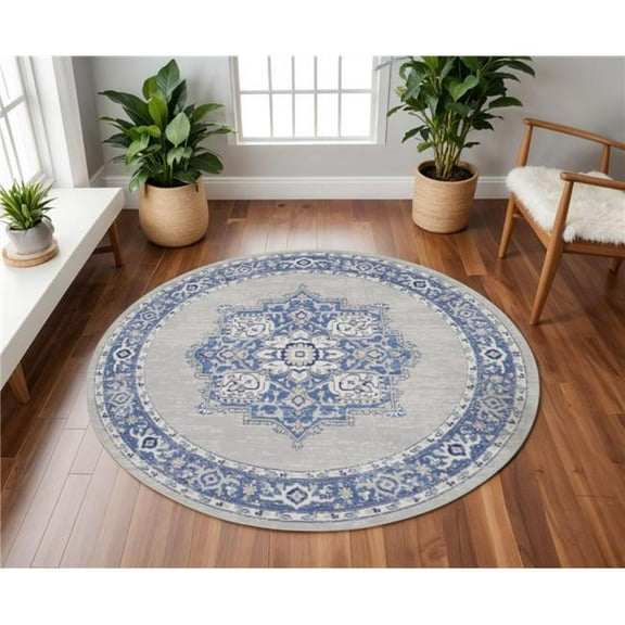HomeRoots 552314 8 ft. Floral Round Rug, Ivory, Blue & Gray
