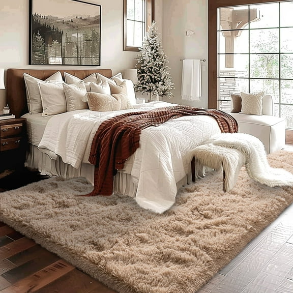 Socofuz 8x10ft Large Fluffy Rug for Living Room, Non-Slip Beige Carpet for Bedroom Kids Playroom Classroom Nursery Home Decor