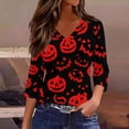 thumbnail image 5 of Womens Halloween Shirts Bat Witch Hat Graphic 3/4 Sleeve Vintage Blouse Spider Print V-Neck Casual Cute Tops 3XL, 5 of 6