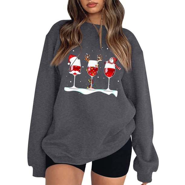Gibobby Sudadera de Navidad para mujer Suéter suelto con estampado de color sólido para mujer, con mangas en los hombros y sin sombrero(Gris,M)
