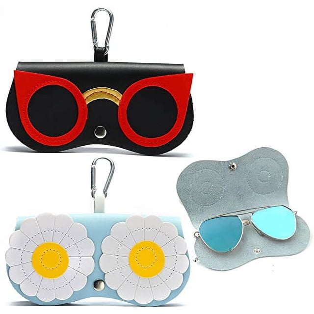 Estuche para gafas de dibujos animados para damas, 2 piezas (negro y azul), estuche para gafas de sol portátil, linda bolsa protectora para anteojos de viaje, estuche para gafas colgantes para damas c