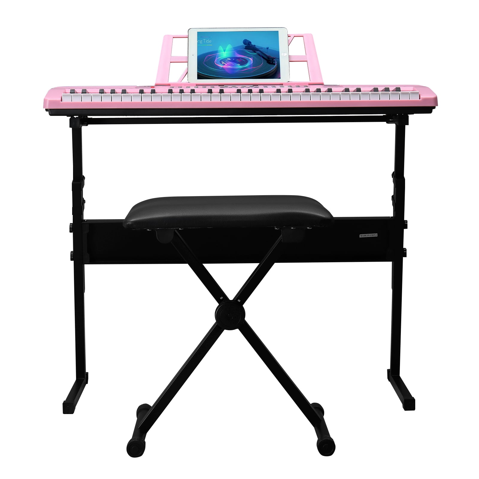 61 Key Lighting Keyboard with Piano Stand, Piano Bench, Built In Speakers, Headphone, Microphone, Music Rest, LED Screen, 3 Teaching Modes for Beginners