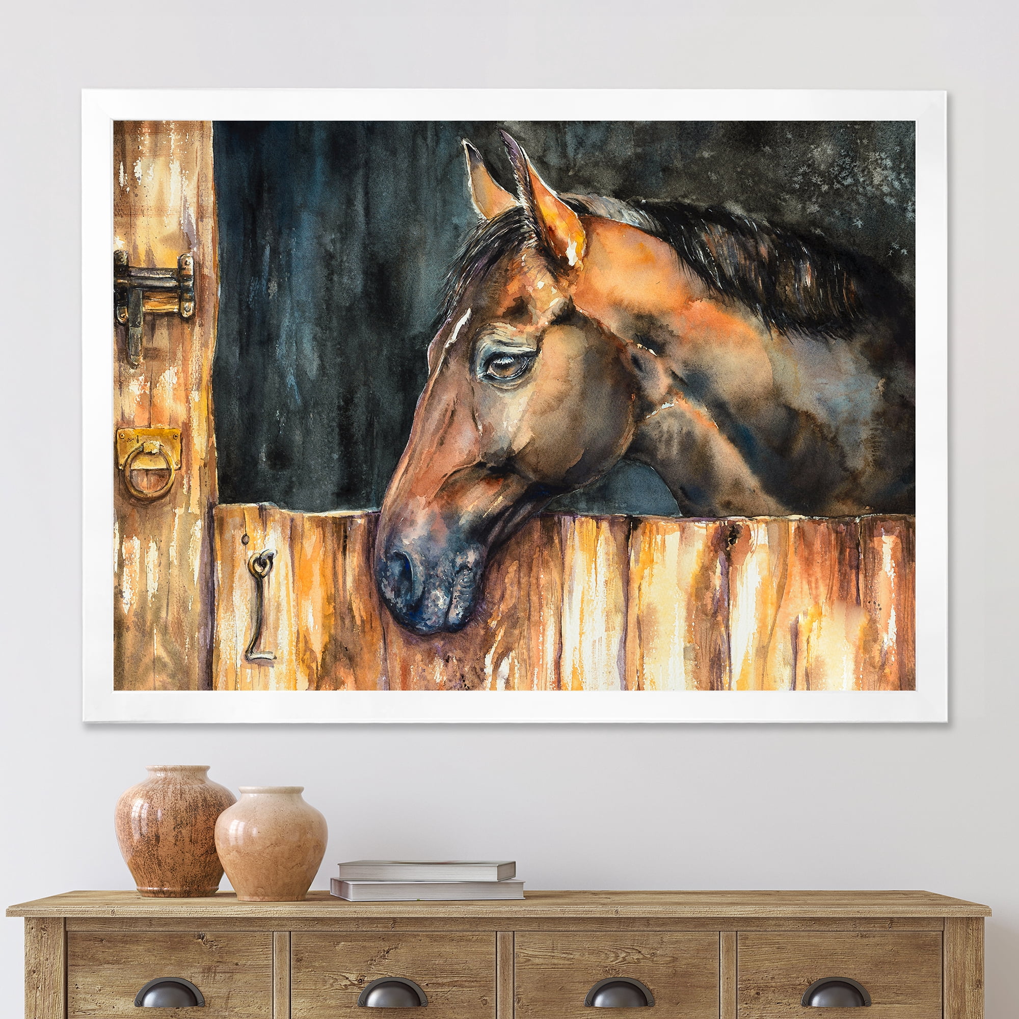 Designart 'Close Up Of The Head of A Horse In Stable' Farmhouse Framed Art Print