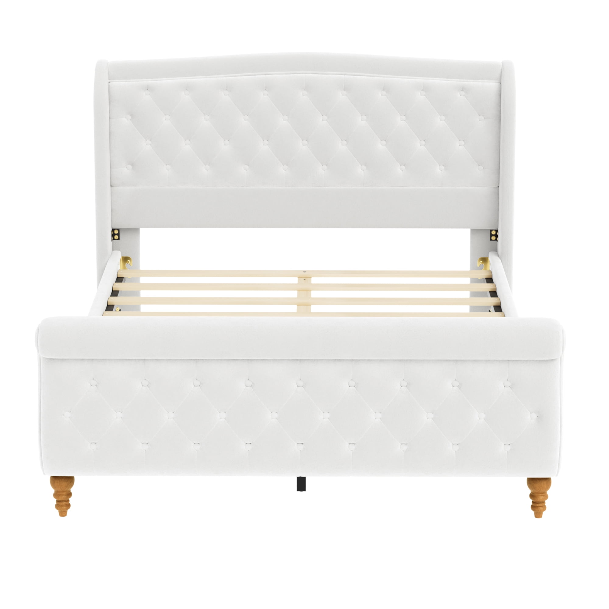 Euroco Velvet Upholstery Queen Size Platform Bed, Button Tufted Sleigh Bed Frame, No Box Spring Needed, Beige
