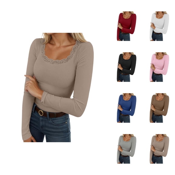 Long Sleeve Shirts for Women 2026 Spring Square Neck Lace Neckline Ribbed Slim Fit Blouse Undershirt