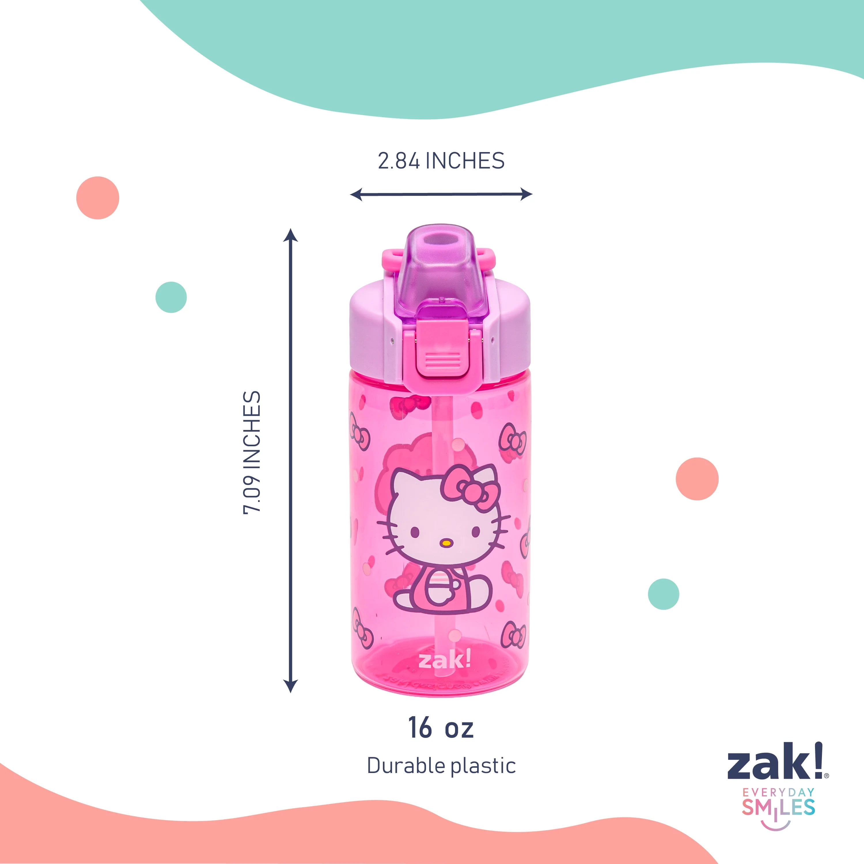 Zak Designs 16oz Hello Kitty Jubilation Durable Plastic Water Bottle, 2pk.