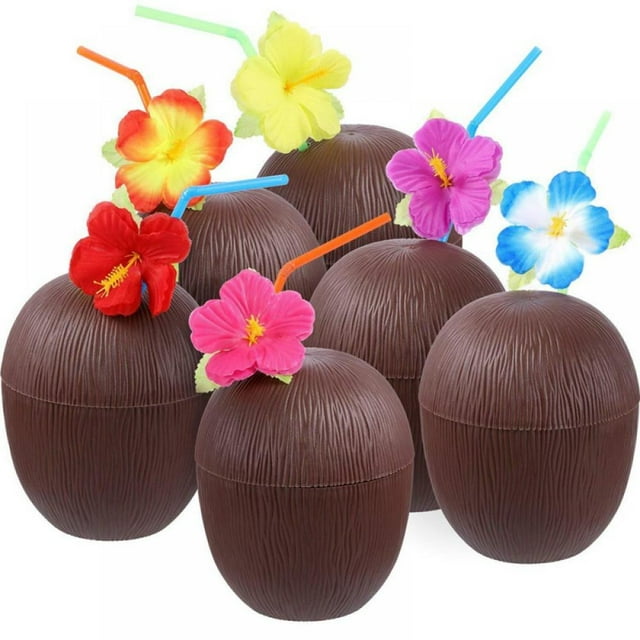Coconut Cups, Plastic Coconut Cups with Lids and Straws for Hawaiian Party, 1PC