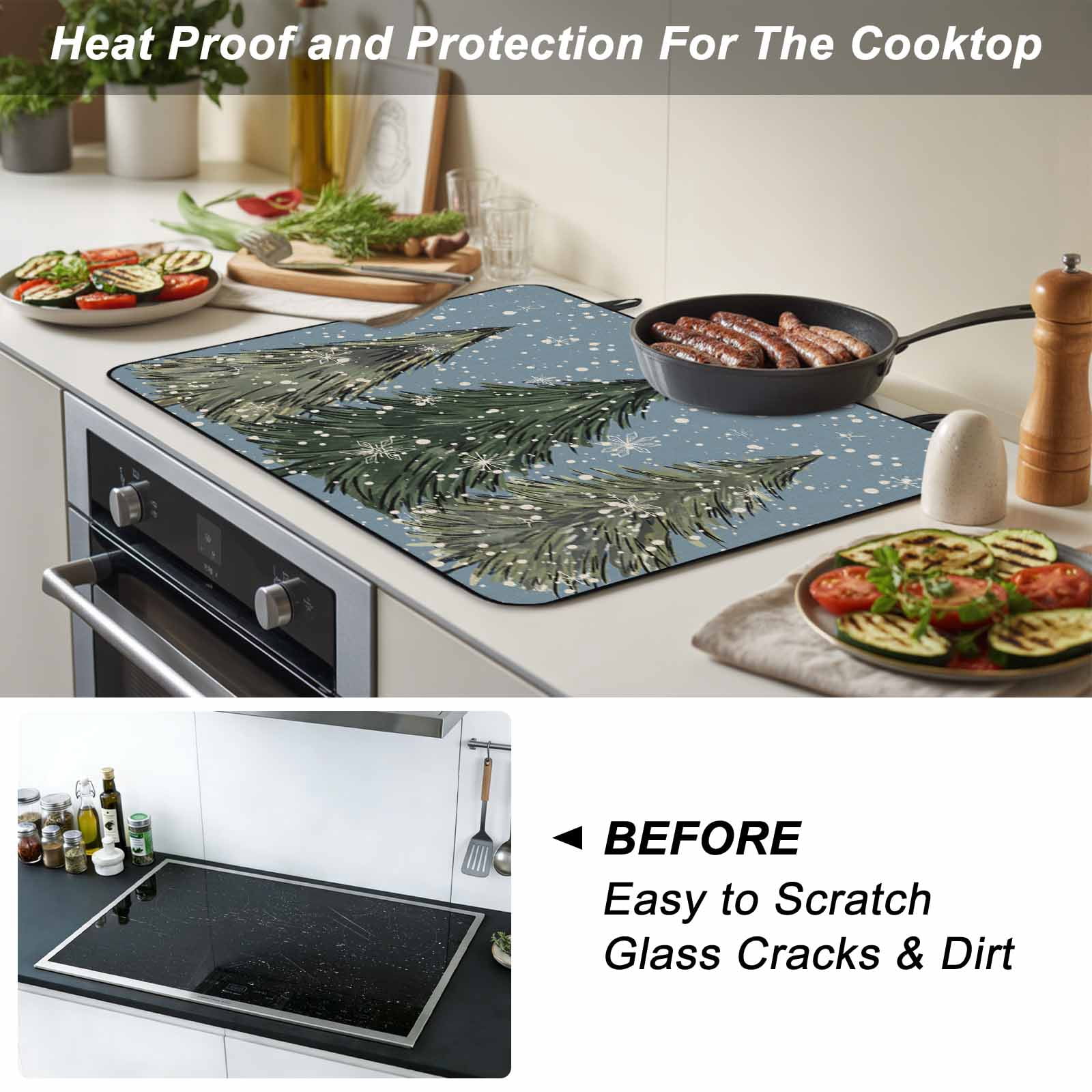 Blue Christmas Tree Stove Top Cover for Electric Stove, Heat-proof & Non Slip Glass Top Stove Cover Protector, Green Xmas Tree Snowflake Kitchen Flat Cooktop Rubber Mat 24x21 Inches