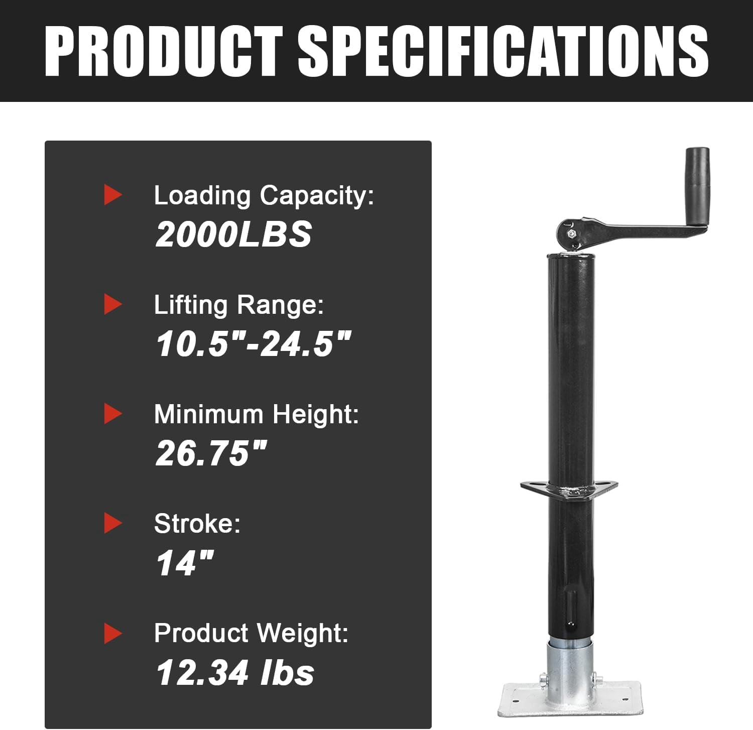 A- Frame Trailer Jack 2000 lbs, 14 Inches Vertical Travel for A-Frame Travel, Cargo and Utility Trailers