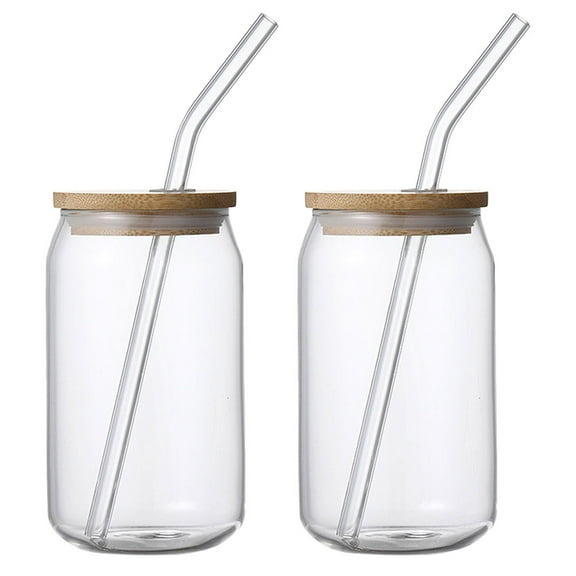 2 Pcs Glass Jar with Lid Clear Mugs Beverage Cups Straw Cold Coffee Glasses for Can Heat-resistant Wooden Travel