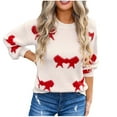thumbnail image 2 of Uootdi Christmas Women's Bow Graphic Sweater Crew Neck Long Sleeve Knit Pullover Trendy Fall Winter Top Soft Cozy Casual Jumper Cute Ribbon Print Sweater for Daily Outfits, 2 of 9