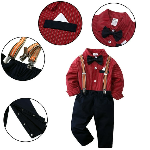 FLMEI Infant Baby Boys Formal Gentleman Outfits Suspender Pants 3PCS Sets, Kids Spring Fall Long Sleeve Striped Shirt Bow Tie Suspenders Pants Birthday 9 Months - 7 Years