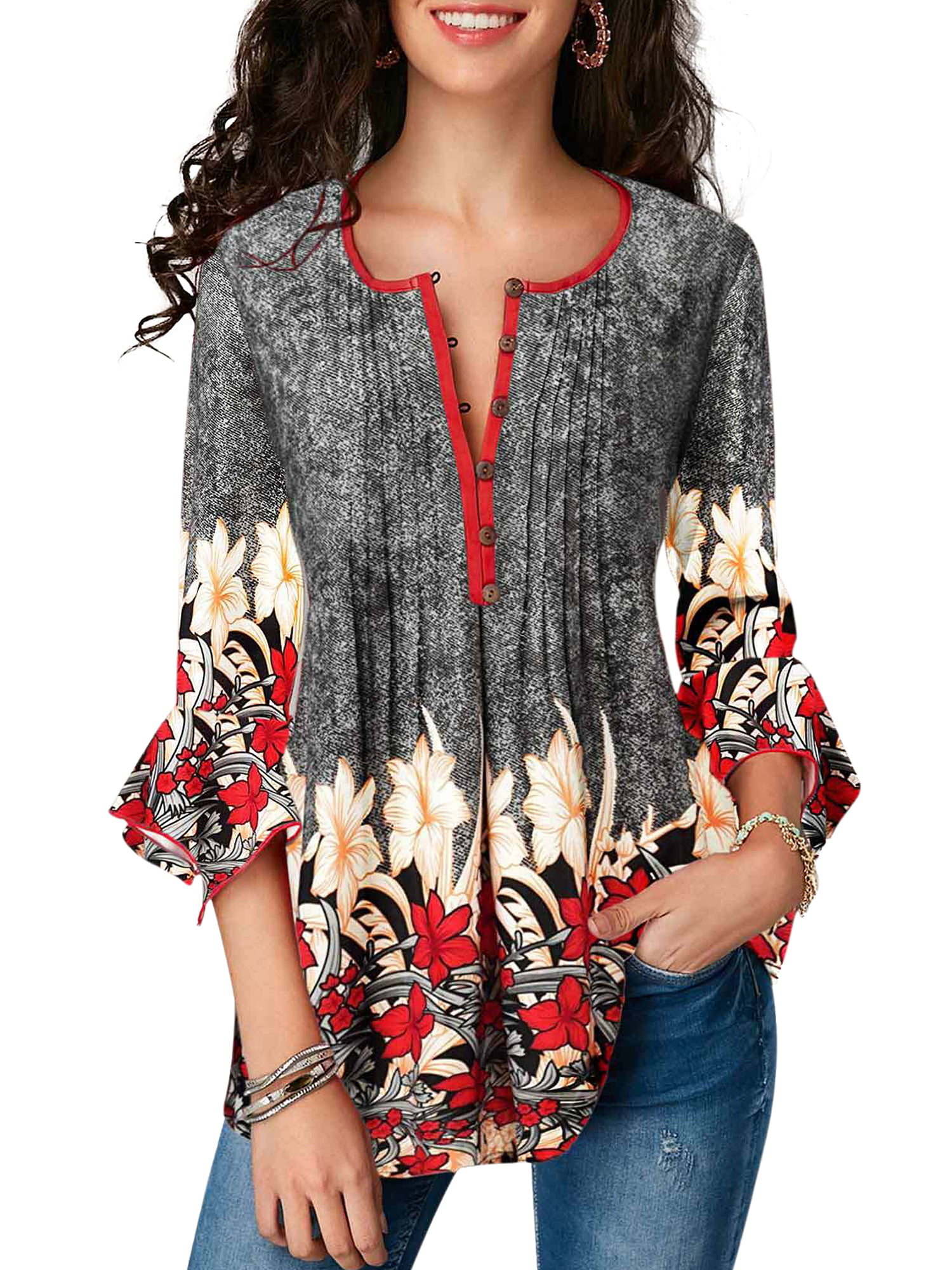 Women's Tunic Top Loose Long Sleeve V Neck Button Up Pleated Floral Henley  Shirts Blouse T Shirt Ladies Floral Printed Long Sleeve Henley V Neck 