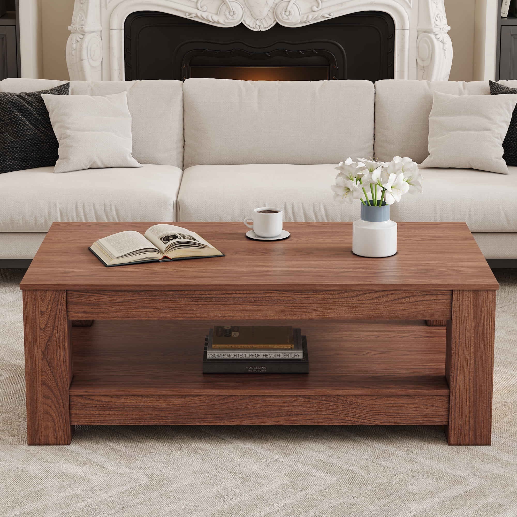 Alvantor Coffee Table Double Layer MDF Industrial for Living Room,43.3",Walnut