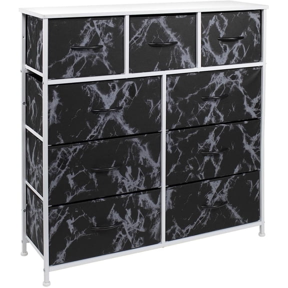 Sorbus Dresser with 9 Drawers- White Frame, Black Marble Drawers