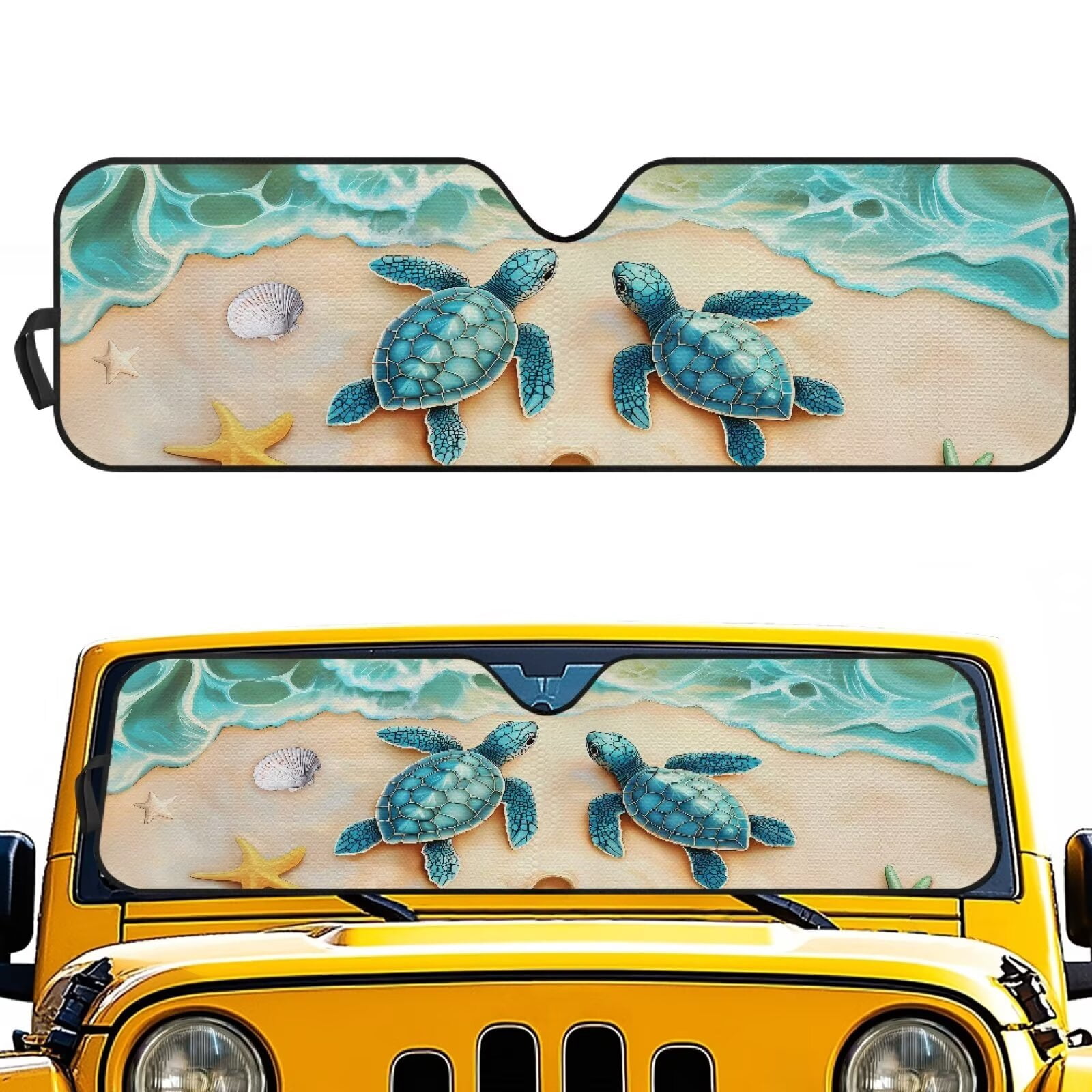 Binienty Beach Sea Turtle Car Sun Shade Windshield Auto Sun Visor Heat Protection for Jeep Wrangler TJ 1997-2006 Foldable UV Blocking Front Window Sunshade 52x16" Easy Installation