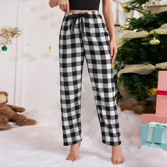 Dakiuu Family Matching Buffalo Plaid Fleece Pajama Pants Soft Cozy Loungewear Bottoms for Women Men Kids Toddler Elastic Waist Wide Leg Sleep Pants Holiday Casual Home Wear