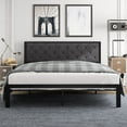 Amolife King Size Metal Bed Frame with Upholstered Headboard, Dark Grey
