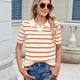 thumbnail image 4 of de Punto A Rayas de Corta para Mujer, Camiseta Corta con Cuello en V y Corte Entallado. Naranja Rojo L, 4 of 9
