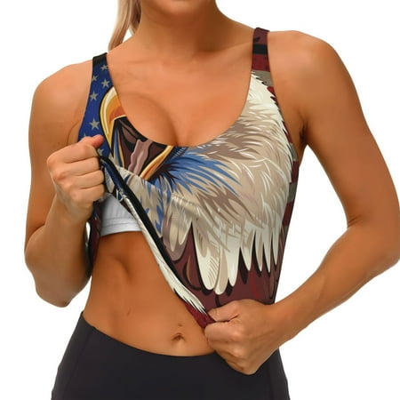 Qokaie Eagle With USA Flags Pattern Womens Scoop Neck Sports Bra Breathable Workout Vest Padded U Back Medium Impact Fitness Gym Yoga Bra Workout Crop Top