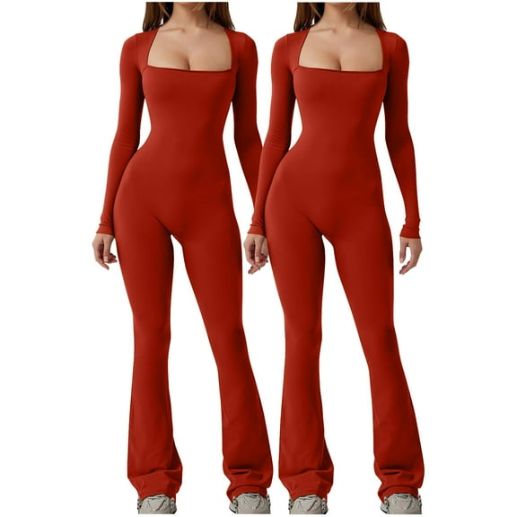 ABATAB 2PC Women Workout Jumpsuit Seamless Yoga One Piece Leggings Clothing Long Sleeve Bell Bottom Pants Sports Exercise Romper Bodysuit