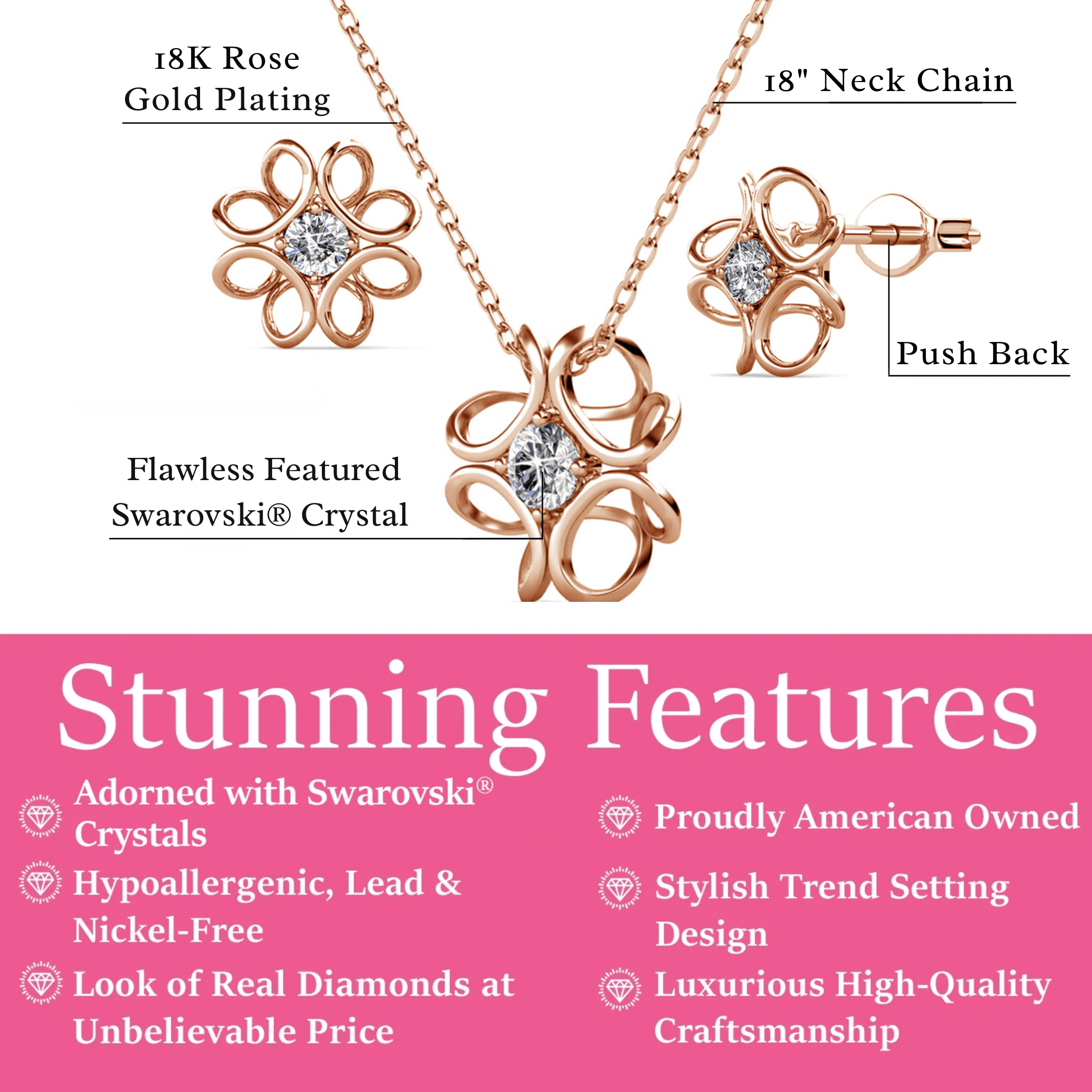 Cate & Chloe Alexis 18k Rose Gold Plated Flower Jewelry Set with Swarovski Crystals Gift for Women