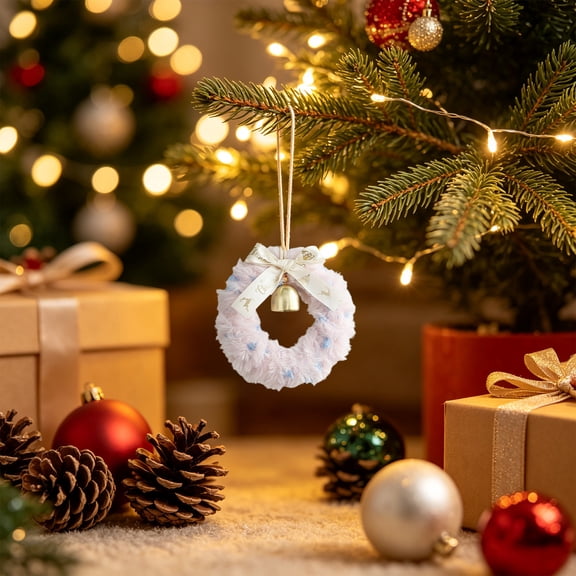 Mini Wreath Ornament,Small Fabric Floral Ring Decor Matching Satin Bow and Metal Bell Pendant Built In Hanging Cord,Compact Xmas Accent for Tree Gift Box Cabinet Window Layout