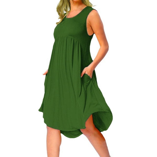 MAWCLOS Robe d'Été de Plage pour Femme, Robe Midi de Plage, Cache-Maillot, Robe Débardeur Sans Manches, Caftan, Fête, Col Rond, Vert Armée, P