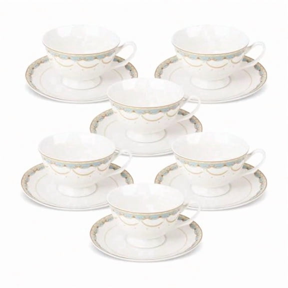 Blue Lace Teacup and Saucers Set with Gold Trim Bone China British Coffee Cups and Saucers for Afternoon Tea Coffee Party Gifts