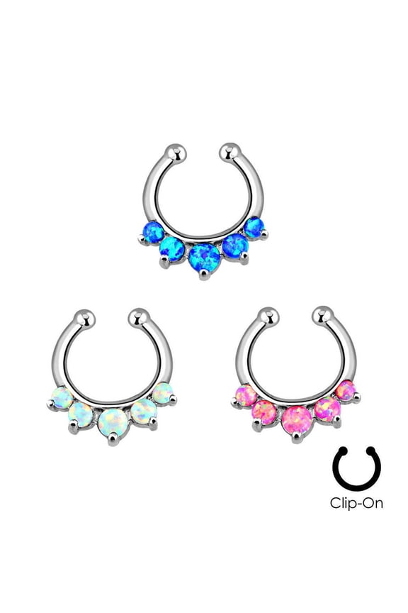 Non-Piercing Septum Hanger with Five Paved Synthetic Opal Gems - Sold Each