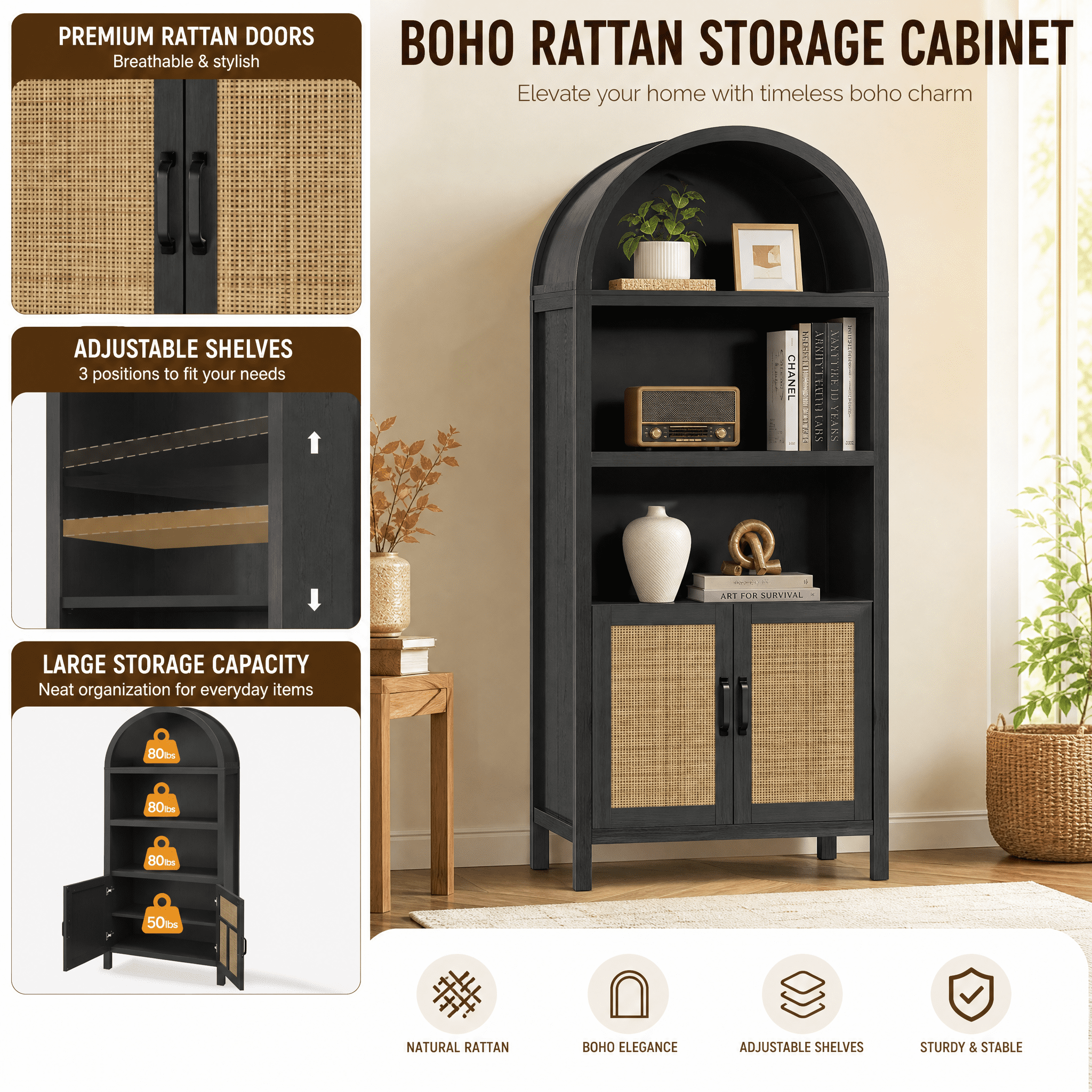 70 Inch Arched Rattan Storage Cabinet, Boho 2-Door Tall Sideboard Buffet with Adjustable Shelves & Open Shelves for Kitchen Hallway Dining Living Room Office