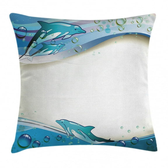 Ocean Throw Pillow Cushion Cover, Illustration of Cute Dolphins on Sea Waves with Water Drops Framework Abstract, Decorative Square Accent Pillow Case, 24 X 24 Inches, Beige Blue Aqua, by Ambesonne