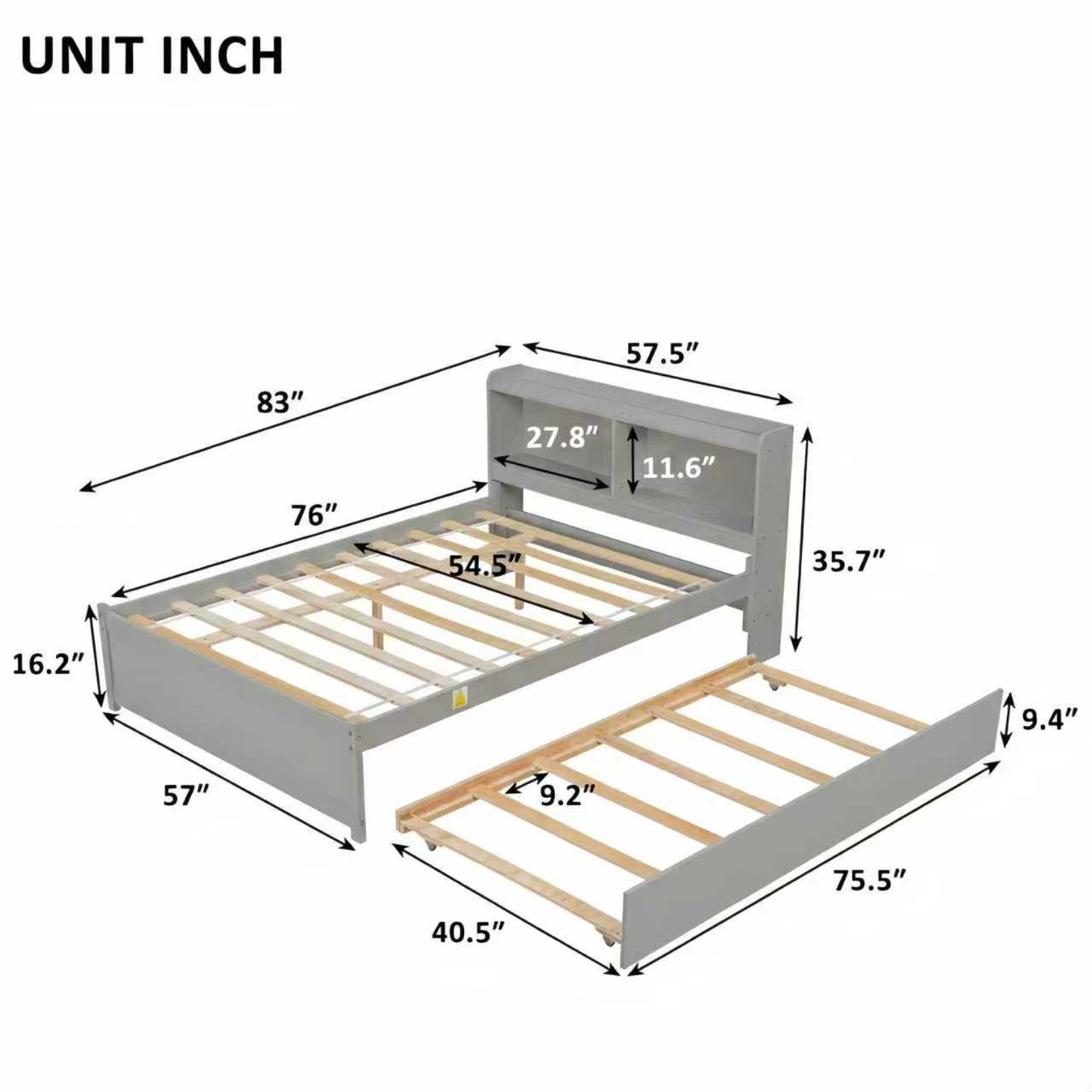 Leumius Full Size Bed with Trundle and Bookcase Headboard for Boys Girls Grey