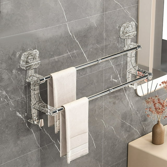 Fridja Porte-Serviettes Rétractable à Double Tringle avec Ventouse, Porte-Serviettes en Plastique pour Salle de Bain, Rangement Sans Perçage, Rafraîchissement d'Été pour la Maison