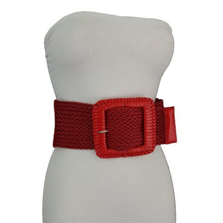 Women Red Elastic Fashion Wide Belt Stretch Hip High Waist Big Square Buckle S