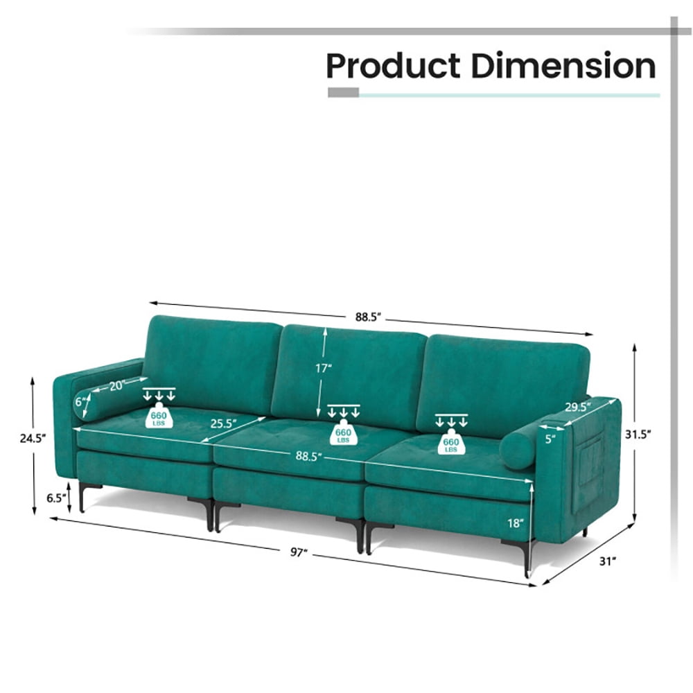 Finihen Sectional Sofa Couch, 3-Seat Sofa Sectional with Side Storage Pocket and Metal Leg, for Living Room, Bedroom, Teal Finihen Sectional Sofa Couch, 3-Seat Sofa Sectional with Side Storage Pocket and Metal Leg, for Living Room, Bedroom, Teal