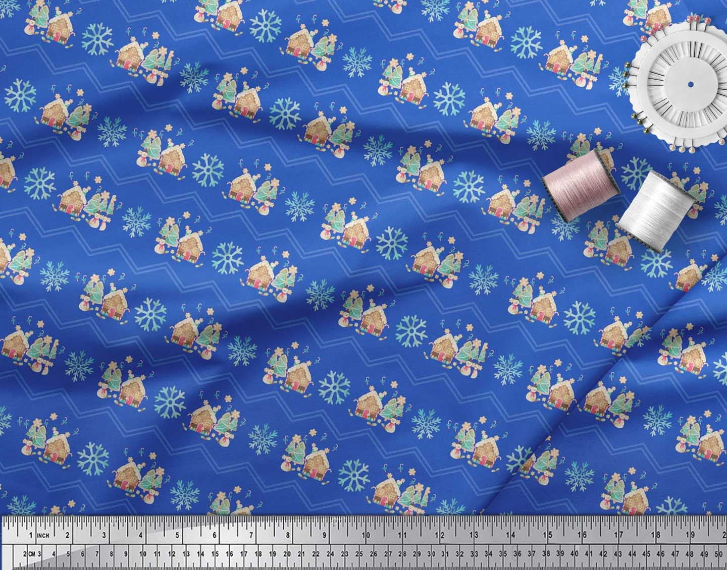 Soimoi Blue Poly Georgette Fabric Snowman & Snowflake Christmas Print Fabric by the Yard 42 Inch Wide