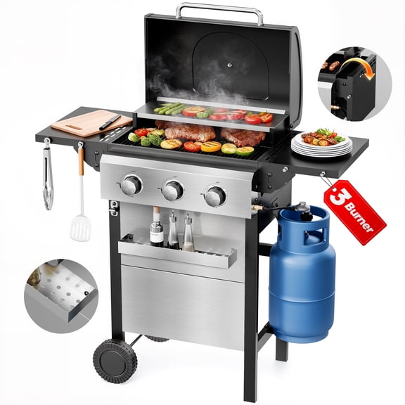 Biotree 3 Burner BBQ Propane Gas Grill, Stainless Steel 28,650 BTU Patio Garden Barbecue Grill with Two Foldable Shelves